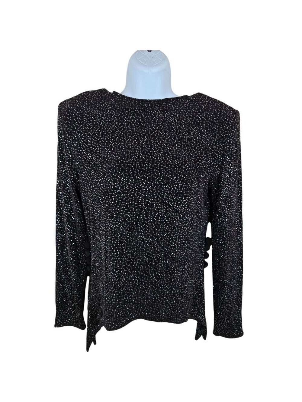 Vintage 80s Black Long-Sleeve Top Rhinestones Button Accents Size M Disco Stretc